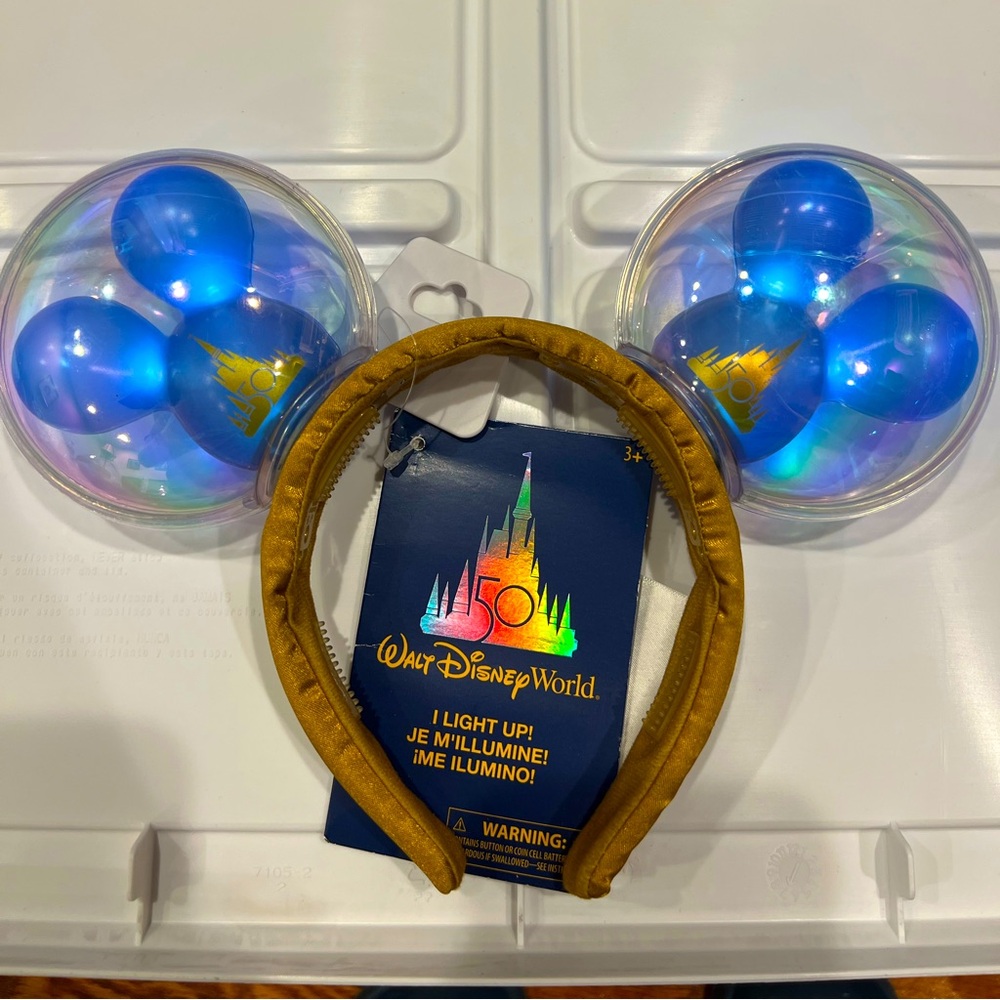 NWT Disney 50th Anniversary Light up Mickey Ears Gold and Blue